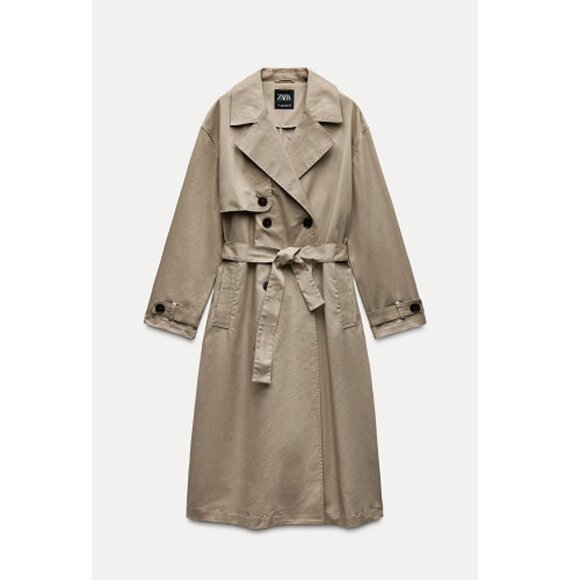 Zara Belted Long Trench Coat Beige Classic Cotton Blend Double Breasted Size M - Picture 5 of 9